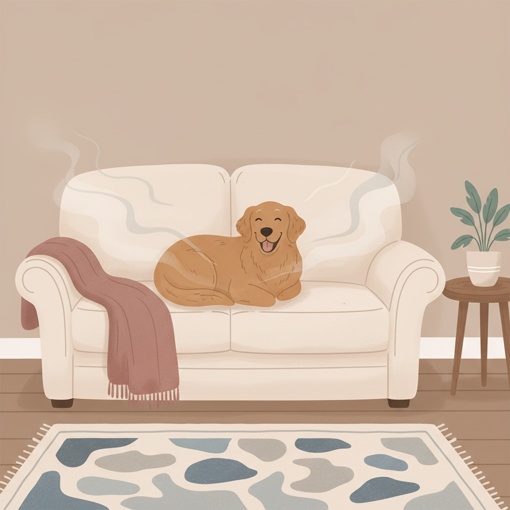 A cozy, slightly desaturated living room interior. A medium-sized, happy dog (e.g., a golden retriever) is comfortably curled up on a plush sofa, with a subtle, almost invisible, greyish mist or faint wavy lines emanating from its fur and gently settling on the sofa upholstery and surrounding air, suggesting an unseen presence. A patterned rug and a side table with a plant complete the inviting yet slightly 'unfresh' atmosphere. The overall style is a soft, warm flat illustration with gentle shadows, emphasizing a lived-in feel without being explicitly dirty.