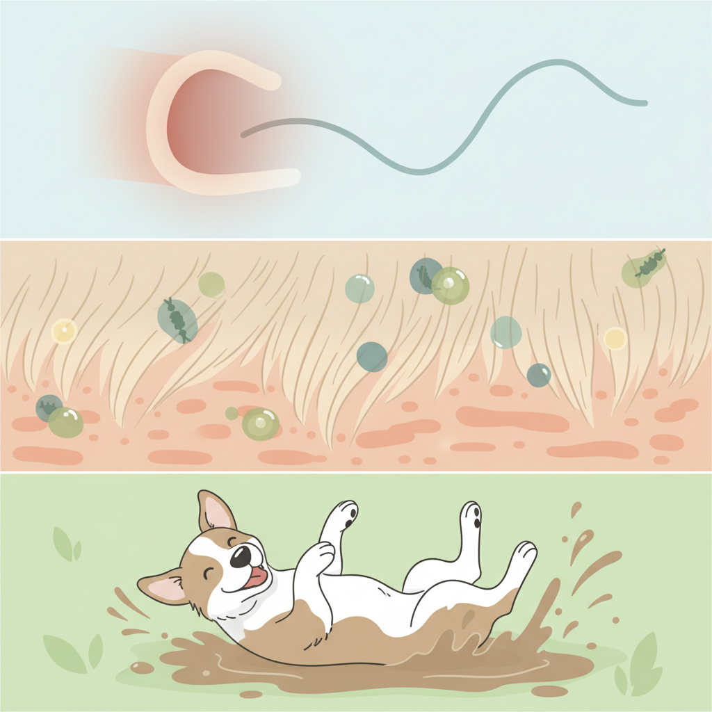 A clean, conceptual illustration depicting various common sources of dog odor. The image is divided into distinct sections. One section shows a close-up of a dog's ear canal, with a faint, non-literal red hue suggesting irritation. Another section illustrates a magnified view of dog fur and skin, with subtle, abstract circular shapes representing bacteria or excess sebum. A third section features a happy dog playfully rolling in a patch of light brown mud, indicating external factors. The overall aesthetic is a modern, informative infographic style with soft, pastel colors, using simple, clear visuals to represent the causes without being clinical.