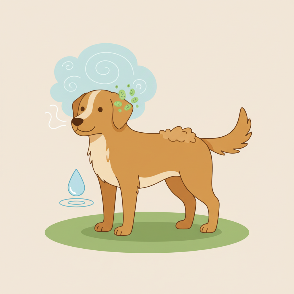 A vibrant, clean flat illustration depicting a friendly, medium-sized dog standing calmly. Around the dog, various subtle, illustrative elements visually represent common causes of unpleasant odor, without being grotesque. For instance, a faint, swirling cloud near its mouth symbolizing bad breath, a tiny, almost invisible bacterial pattern near its ear, a droplet icon near its paw indicating wetness, and a slightly matted texture on its fur in another section. The overall impression should be informative and visually appealing, using a soft color palette to convey helpfulness rather than distress.