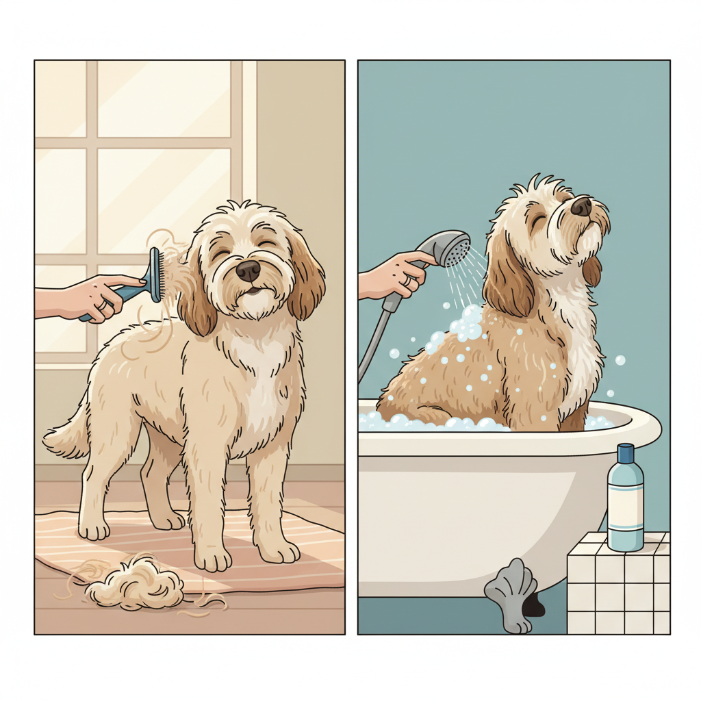 A heartwarming and clear illustration in a modern, clean style, showcasing a two-part process of canine hygiene. On one side, a gentle human hand is seen actively brushing a dog's fur, removing loose hair. The dog looks content. On the other side, the same dog is depicted being bathed in a tub, with water and suds, looking relaxed and clean. A generic, unlabeled bottle of dog shampoo is visible nearby. The scene should convey care, effectiveness, and a positive interaction between owner and pet, emphasizing cleanliness and well-being.