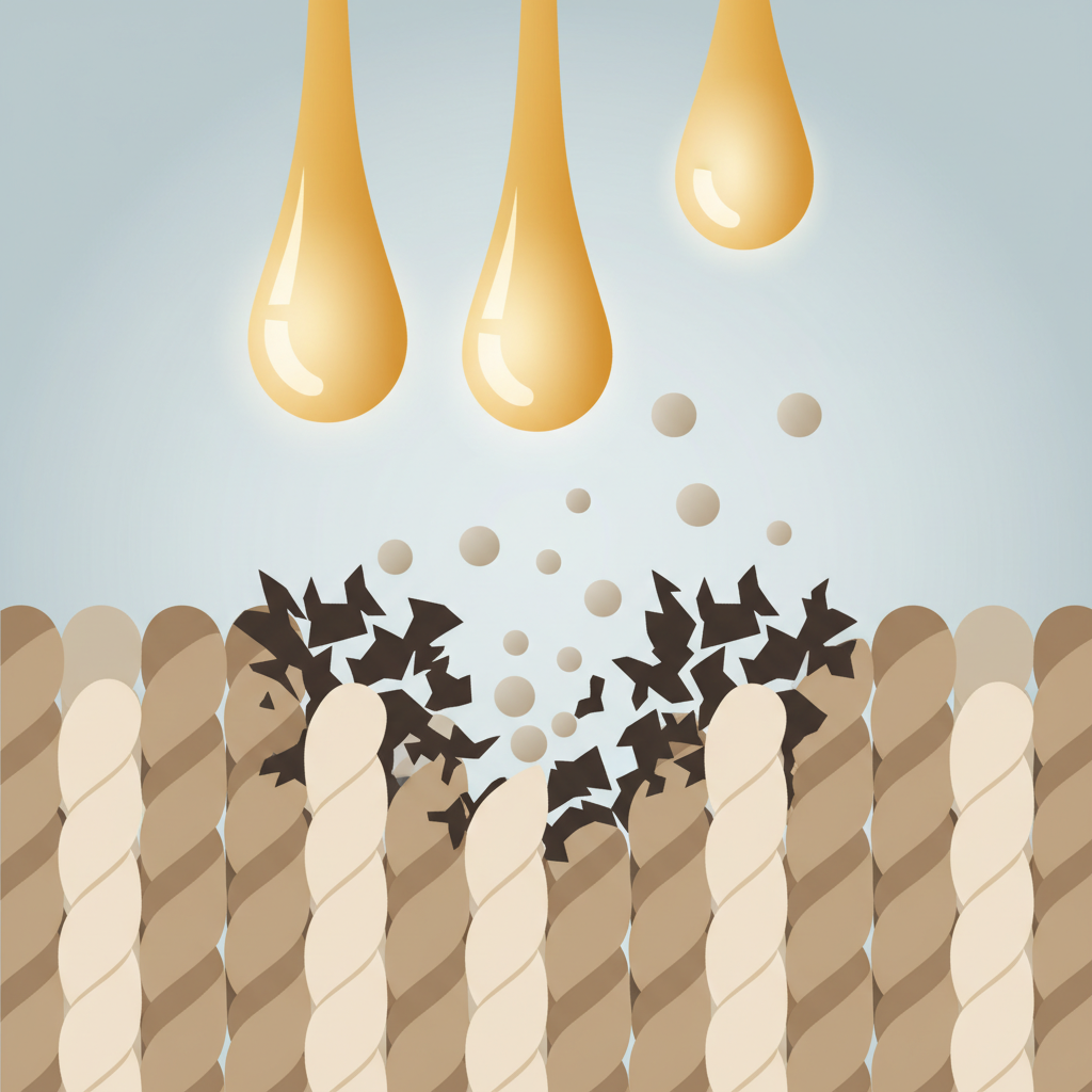 A detailed cross-section flat illustration of a carpet's fibers, showcasing deeply embedded, dark, jagged shapes representing stubborn odor molecules from dog waste. From the top, golden liquid droplets, symbolizing enzymatic cleaner, penetrate the fibers. Upon contact, the dark odor molecules visibly break down and dissipate into smaller, neutral, lighter-colored particles, illustrating the cleaner's effectiveness on a molecular level. The background is clean and muted, highlighting the chemical action.