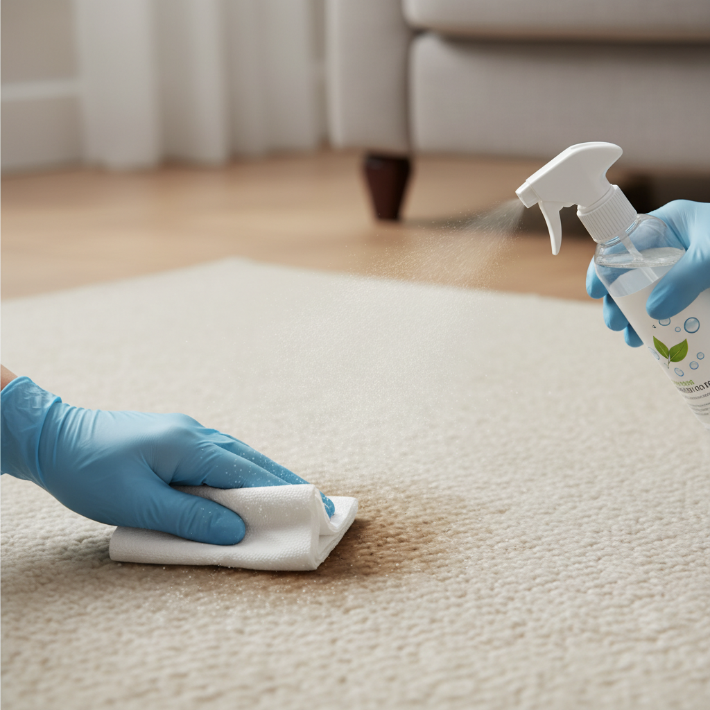 A clean, realistic digital painting from a slightly elevated, close-up perspective of a fresh dog waste stain on a light-colored carpet or upholstery. A gloved hand is gently dabbing the stain with a clean, white paper towel, careful not to spread it. Adjacent to the spot, a generic spray bottle, symbolizing an enzymatic cleaner, is poised, emitting a fine, visible mist towards the affected area. The overall scene conveys immediate, effective cleaning action in a home setting.