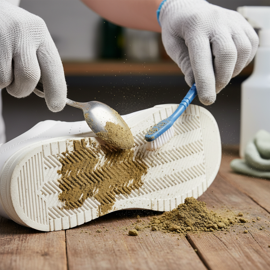 A close-up, practical photo illustrating the immediate cleaning of a shoe. A person's hands, wearing light work gloves, are actively cleaning the sole of a sneaker. One hand carefully uses an old, dull spoon or a piece of newspaper to scrape off larger, brownish-green, stylized debris from the deep grooves of the shoe's outsole. Simultaneously, an old toothbrush with stiff bristles is shown effectively scrubbing away smaller, residual dirt particles from the shoe's textured surface. The scene is bright and highlights the action of thorough mechanical cleaning in a professional photo style.