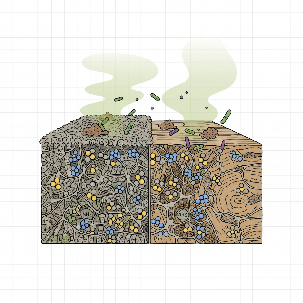 A detailed scientific illustration depicting a cross-section of a porous material like a carpet or hardwood floor. Microscopic, distinct molecules representing hydrogen sulfide (H₂S, small yellow and grey spheres) and ammonia (NH₃, small blue and grey spheres) are visibly trapped deep within the material's fibers or grain structure. Tiny, simple representations of bacteria are shown near decaying organic matter on the surface. A subtle, wavy haze suggests the emanating odor, illustrating how these chemical compounds penetrate deeply and cause persistent smell. The style should be clean, precise, and visually emphasize the microscopic challenge.
