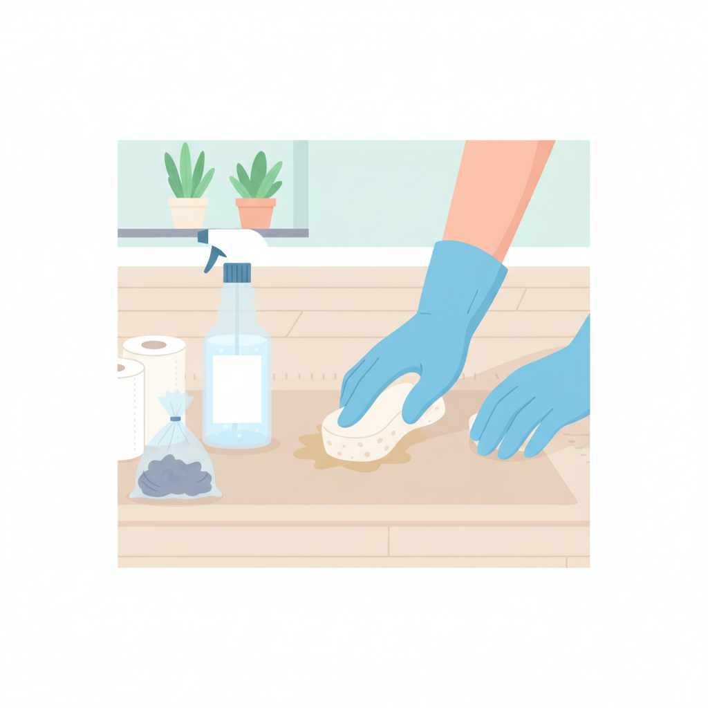 A bright, professional flat illustration showing a person's gloved hands in the process of cleaning a small, subtle stain on a hard floor or low-pile rug in a clean home environment. Next to the cleaning area, essential items are neatly arranged: a spray bottle containing a clear liquid (visually implying a homemade cleaner like vinegar water), a sponge, paper towels, and a small, sealed bag signifying safely disposed waste. The overall scene conveys efficiency, hygiene, and the immediate action of removing pet waste, highlighting the use of simple household remedies for effective odor elimination.