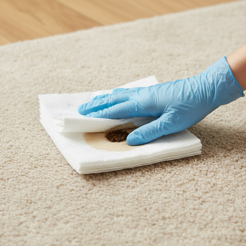 A clean, professional photo capturing a close-up view of a light-colored carpet with a small, fresh dog waste stain. A gloved hand is gently pressing a stack of absorbent paper towels onto the affected area, carefully blotting to soak up liquid. The focus is on the action of absorption and quick response, with the background slightly blurred to emphasize the task. The lighting should be bright and natural, conveying a sense of efficacy and hygiene in the immediate cleanup process. No text or visible brand names.