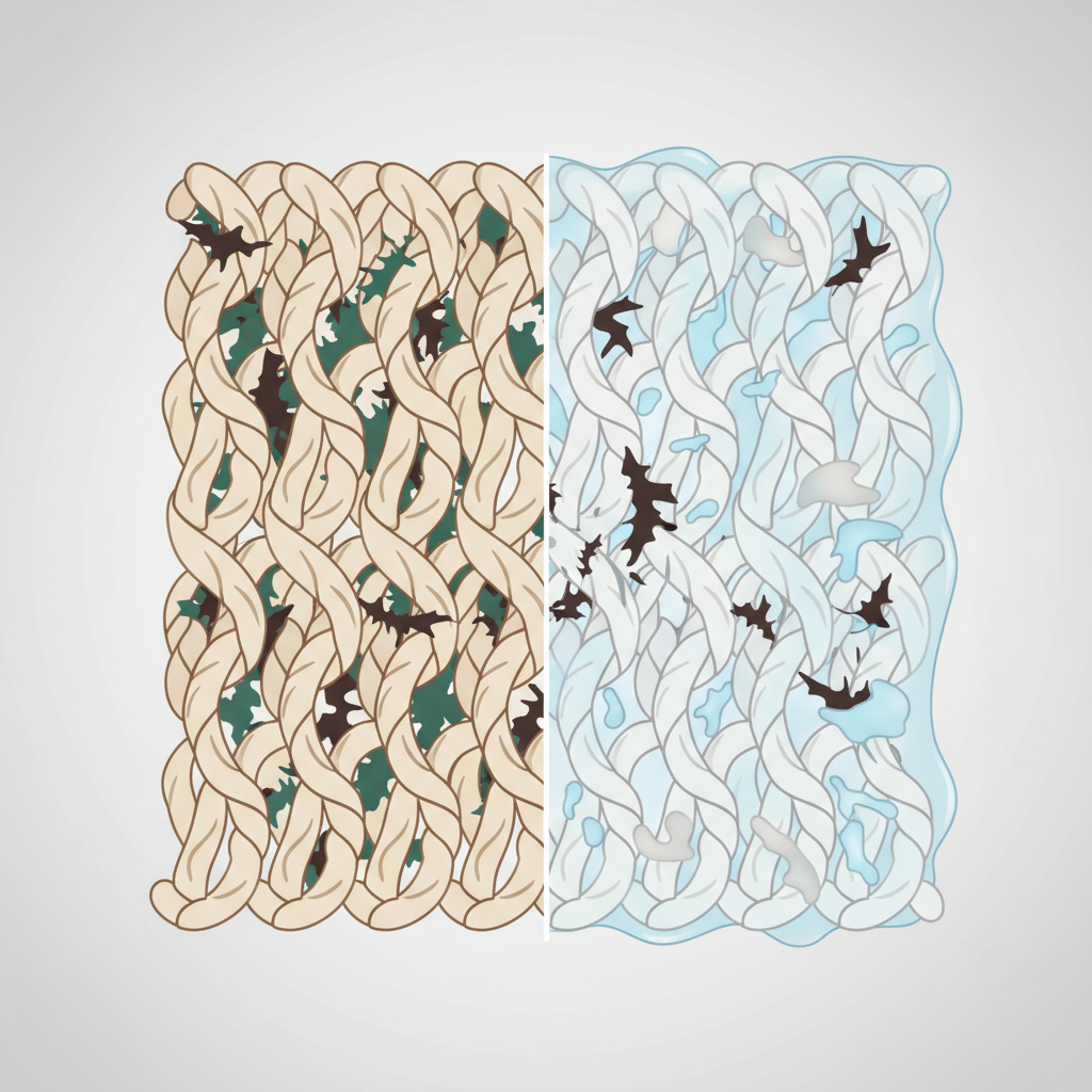 An infographic-style illustration depicting a highly magnified cross-section of typical carpet fibers. On one side, abstract, dark, unpleasant 'odor molecules' (represented by jagged, dark brown or green shapes) are shown deeply entrenched within and clinging to the individual fibers. On the other side of the same image, a translucent, light blue or white 'cleaning solution' (symbolizing vinegar) is actively shown surrounding and breaking down these 'odor molecules,' causing them to visibly dissipate into neutral, lighter, and smoother shapes. The illustration should be clean, scientific, and visually explain the deep cleaning process. No text or labels are included.
