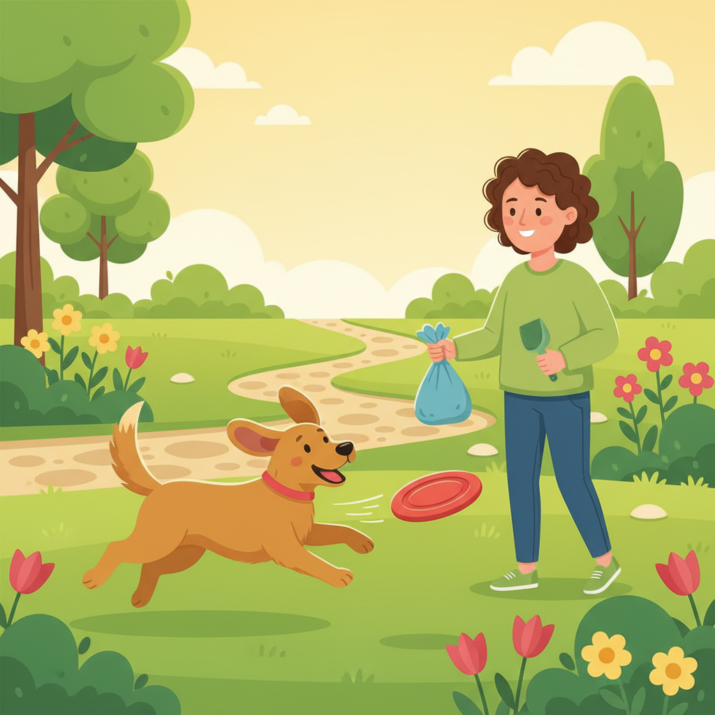 A vibrant, cheerful flat illustration depicting a clean, well-maintained garden bathed in sunlight. In the foreground, a happy, medium-sized dog bounds playfully, perhaps with a toy, looking at a person. The person, smiling faintly, holds a dog waste bag and a small scoop, subtly indicating recent cleanup. In the background, lush green grass, blooming flowers, and healthy shrubs are visible, emphasizing a fresh and inviting outdoor space. The overall mood is one of cleanliness and joy, free from any unpleasantness.