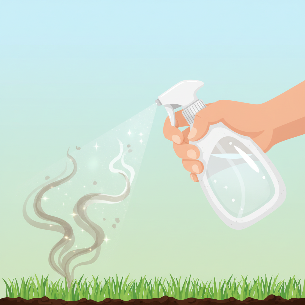 A clean, professional vector illustration depicting a close-up of a hand holding a spray bottle. The bottle is designed with subtle texture, suggesting a natural, clear liquid. The spray is directed downwards towards a small patch of green lawn or garden soil. Above the grass, a subtle, abstract visual representation of unpleasant odor (e.g., faint, wavy, brownish-grey wisps) is shown dissolving or dissipating as the spray reaches it, transforming into clean, clear air. The background is simple and uncluttered, emphasizing the neutralizing action.