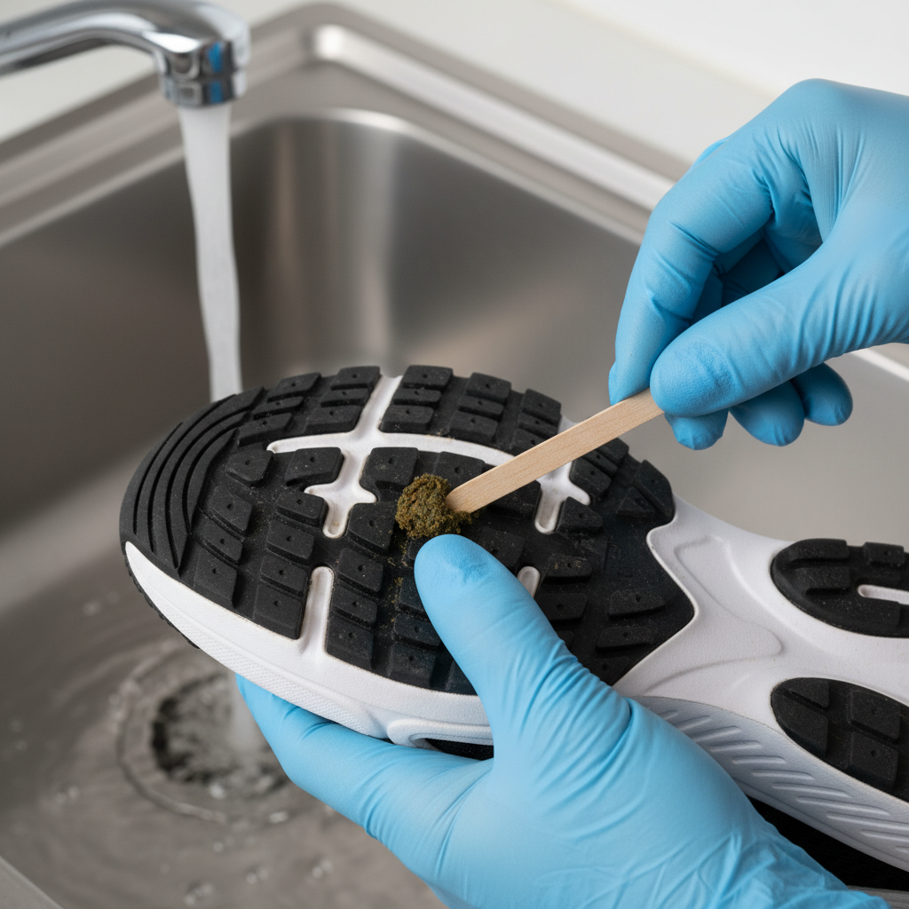 A clean, professional photo showing a practical first step for shoe cleaning. A person's hand, wearing a protective glove, is carefully using a small, disposable scraper (like a piece of sturdy paper or a stick) to gently remove a small, dark, and slightly textured residue (representing dog waste) from the grooved sole of an athletic sneaker. In the background, slightly out of focus, a sink with cold water gently running from a tap, ready for the next step of rinsing. The overall impression should be one of quick, hygienic problem-solving and immediate action.