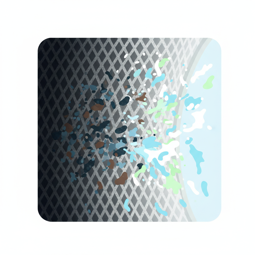 An infographic-style illustration depicting the stubborn nature of odors in shoes. The image features a stylized cross-section of a shoe's material, showcasing a porous texture like fabric weave or leather grain. Deep within the material's fibers, numerous small, abstract, dark, irregular shapes are firmly embedded, symbolizing odor molecules and bacteria. On one side, these 'unpleasant particles' are deeply entrenched, while on the other side, they are visibly being 'lifted' or 'neutralized' by abstract, brighter, cleaner-looking shapes or particles, symbolizing an effective cleaning agent at work.