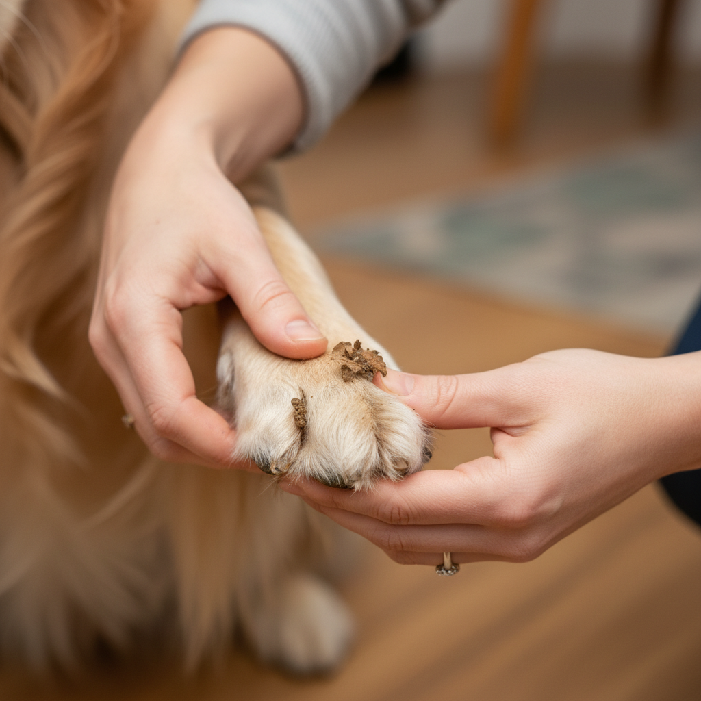 A heartwarming, close-up professional photo capturing a moment of care. A person's hands are gently holding a dog's paw, which is slightly muddy and shows tiny specks of dirt and perhaps a small twig or leaf fragment caught between the pads. The background is softly blurred, suggesting an indoor setting after a walk. The focus is on the intricate details of the paw and the gentle interaction, highlighting the necessity and care involved in post-walk cleaning. The overall mood should be calm and nurturing.