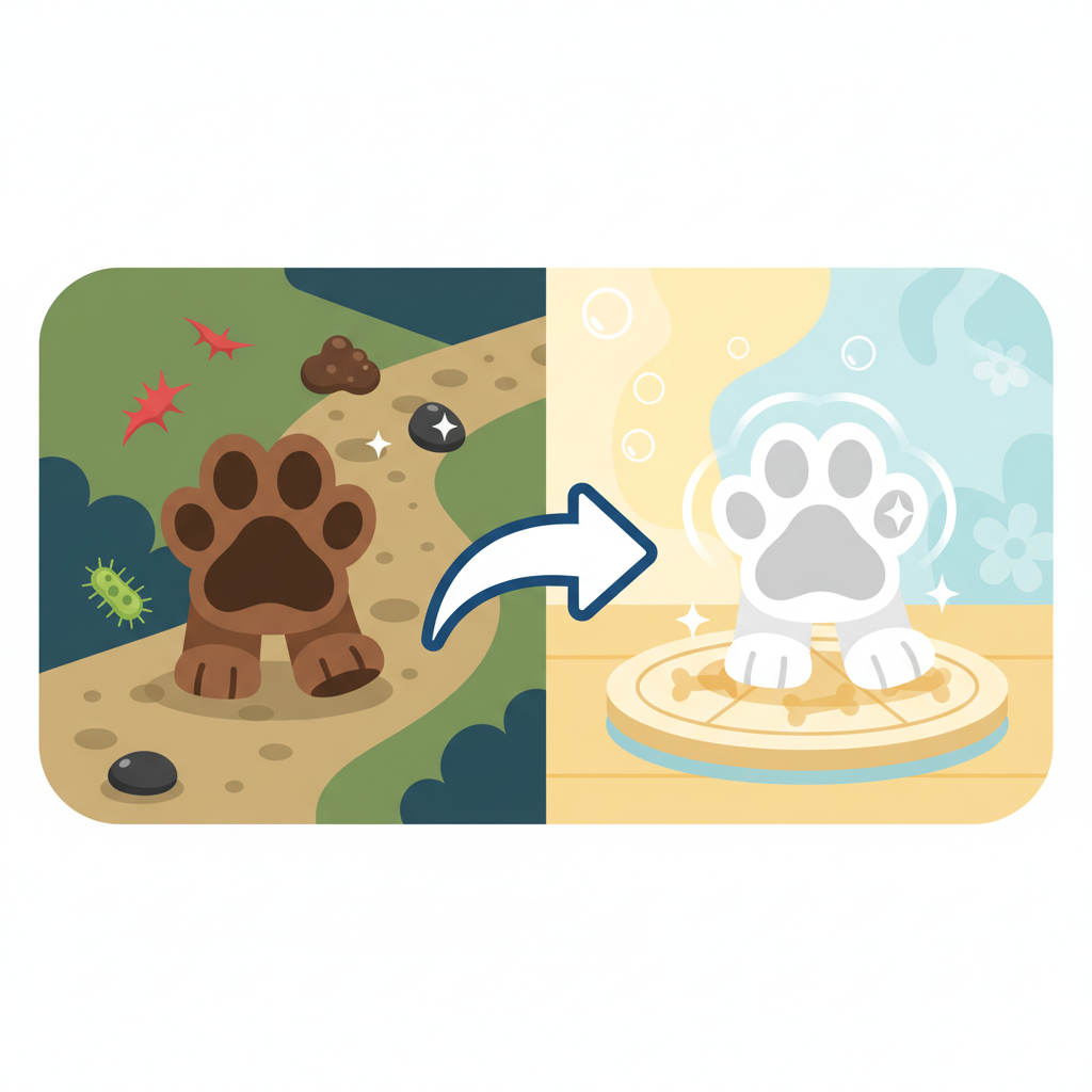 A vibrant, infographic-style illustration depicting the journey of a dog's paw. On one side, a cartoonish dog paw is shown collecting various small, symbolic hazards like a tiny thorn, a muddy smear, and a microscopic bacteria symbol on an outdoor path. An arrow then leads to the other side where the same paw is now sparkling clean, resting happily indoors on a clean mat, radiating cleanliness. This visual metaphor conveys the 'before and after' and the protective aspect of cleaning. Style: Bright, friendly, flat illustration with clear, contrasting sections.