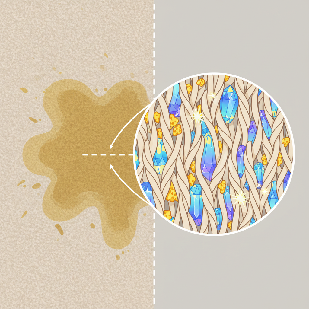 A detailed, infographic-style illustration depicting the stubborn nature of dog urine. One side shows a visible, yellowish dog urine stain on a plush carpet fiber. The other side provides a magnified, microscopic view of the carpet fibers, revealing abstract, sparkling crystalline structures embedded deep within, representing uric acid crystals. Small, dispersed yellow pigment particles (urochrome) are also integrated into the fibers. The overall visual emphasizes how these elements are hidden and difficult to remove, using a clean design, muted background colors for the carpet, and brighter, distinct colors for the microscopic components.