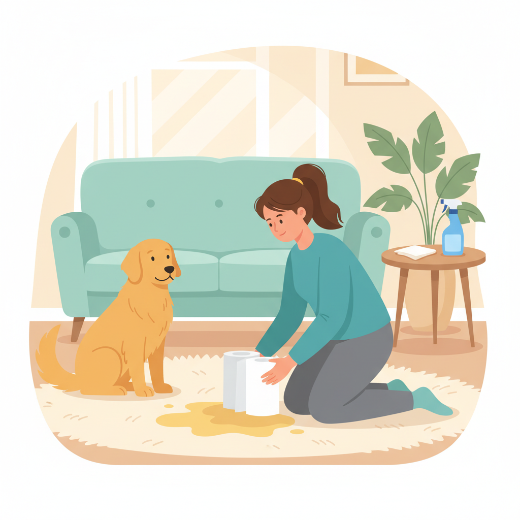A vibrant, flat illustration of a dog owner proactively cleaning a fresh dog urine stain on a light-colored living room rug. The owner is shown kneeling, focused on gently blotting the wet spot with a stack of absorbent paper towels, demonstrating the immediate action needed. A friendly, calm dog sits nearby, observing the process from a slight distance. In the background, a spray bottle and a clean cloth are subtly placed on a table, hinting at further cleaning steps. The scene conveys a helpful, practical approach to pet care with a bright and clean aesthetic.