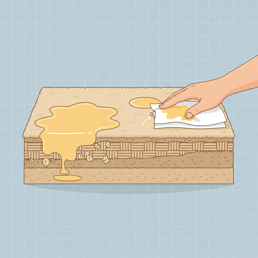 An infographic-style illustration depicting a cross-section of a carpet with visible fibers and backing. On one side, a pool of yellow liquid (representing dog urine) is shown deeply permeating the carpet layers, illustrating the problem of deep penetration and crystal formation. On the other side, a hand holding a stack of white paper towels is gently pressing onto a fresh, smaller spill of yellow liquid on the carpet surface, demonstrating the immediate action of absorption and preventing deep saturation. The scene emphasizes the contrast between a deep-set stain and a properly blotted one.