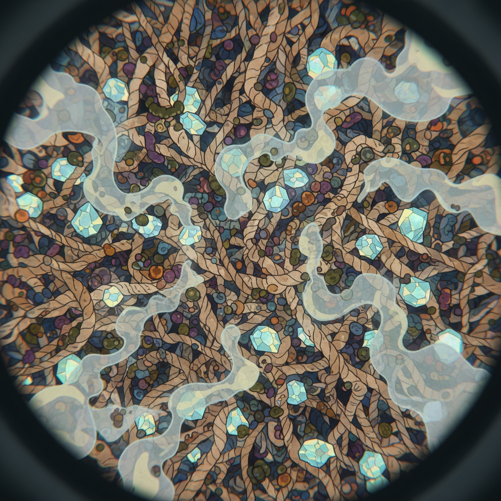 A stylized microscopic illustration depicting a tightly woven carpet fiber structure. Interspersed within and clinging to the individual fibers are numerous small, irregular crystalline shapes, subtly glowing (representing uric acid crystals). Alongside these crystals, tiny, abstract microbial forms (representing bacteria) are visible, embedded within the fabric. A faint, swirling cloud or vapor emanates from these embedded elements, visually symbolizing the release of odor molecules from the deeply trapped compounds. The overall impression is one of hidden microscopic activity causing the persistent smell.
