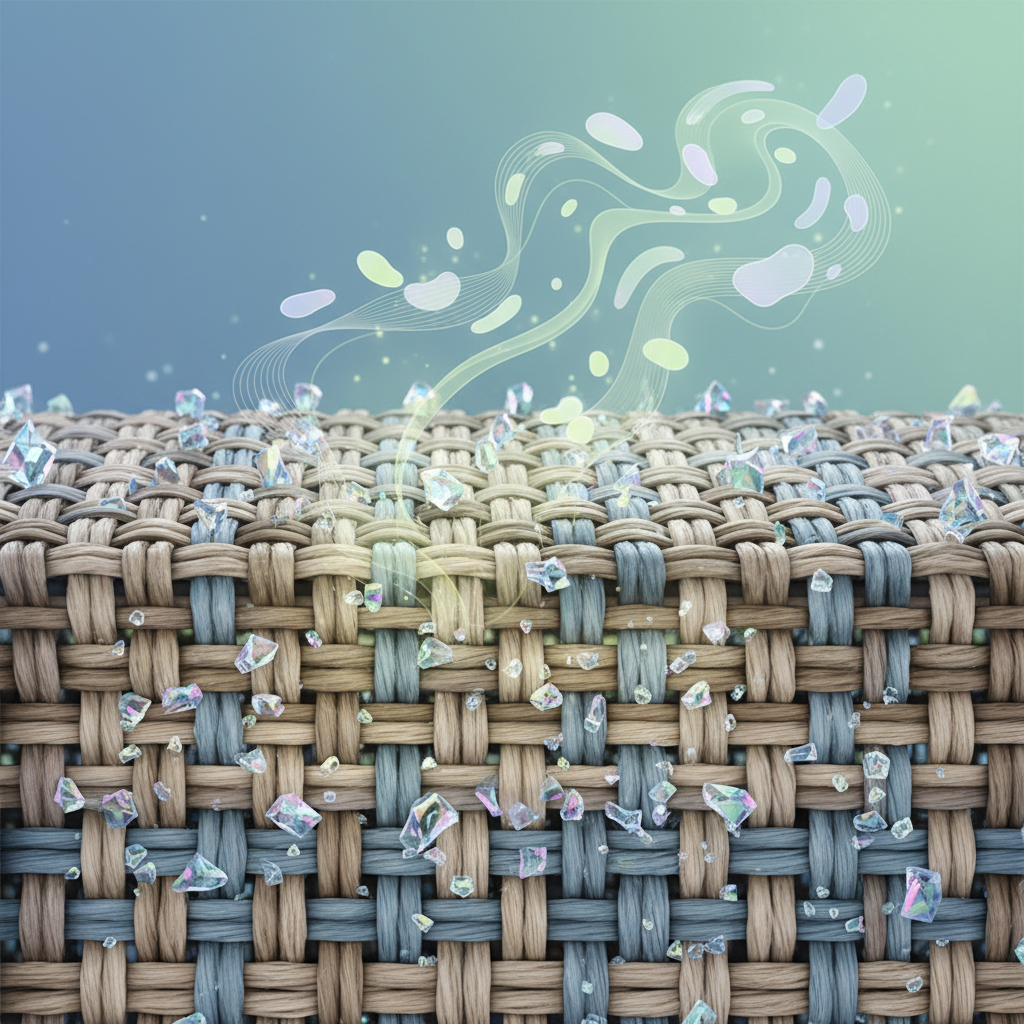 A detailed, scientific illustration depicting a magnified cross-section of couch fabric fibers. Within the intricate weave of the fabric, numerous tiny, sparkling crystalline structures (representing uric acid crystals) are deeply embedded, appearing almost hidden. Above the fabric, a subtle, swirling visual representation of unpleasant odor molecules gently rises. The background should be soft, highlighting the microscopic detail. The overall style is a clean, modern infographic illustration, emphasizing the hidden, persistent nature of the odor source.