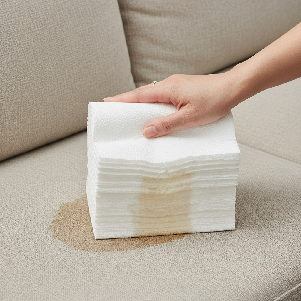 A professional, bright photo from a slightly elevated angle, showing a person's hand firmly pressing a thick stack of white, absorbent paper towels onto a visible wet spot on a light-colored fabric couch cushion. The wet area on the couch should show a subtle discoloration, indicating a fresh stain. The paper towels should appear saturated at the contact point, clearly demonstrating the absorption of liquid from the couch. The focus is on the direct, effective action of cleaning. Style: clean, well-lit product photography feel, emphasizing the texture of the fabric and paper towels.