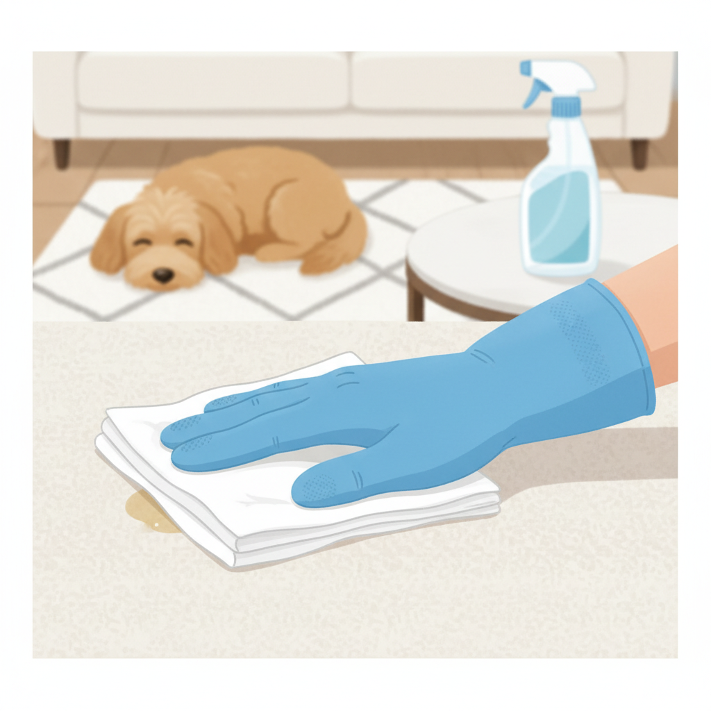 A bright and clean flat illustration depicting a close-up of a human hand, wearing a blue cleaning glove, diligently dabbing a small, slightly damp spot on a modern, light-colored fabric sofa with a stack of absorbent white paper towels. In the background, slightly out of focus, sits a small, contented dog on a clean rug. A generic bottle of cleaning solution is subtly visible nearby. The overall scene should convey urgency, cleanliness, and effective action in a typical home environment, emphasizing a fresh start for the sofa.