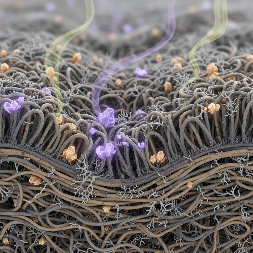 A detailed, infographic-style illustration showcasing a magnified, cross-sectional view of sofa fabric fibers. The fibers should appear deep and intricate. Within these fibers, small, crystalline structures (representing uric acid) are embedded, some glowing faintly to suggest reactivation, while others appear dried and dormant. A subtle, wavy 'odor' effect emanates from the contaminated fibers. The color palette should use muted tones for the sofa fibers and slightly contrasting, perhaps purple or yellow, hues for the crystals and odor, emphasizing the hidden problem.