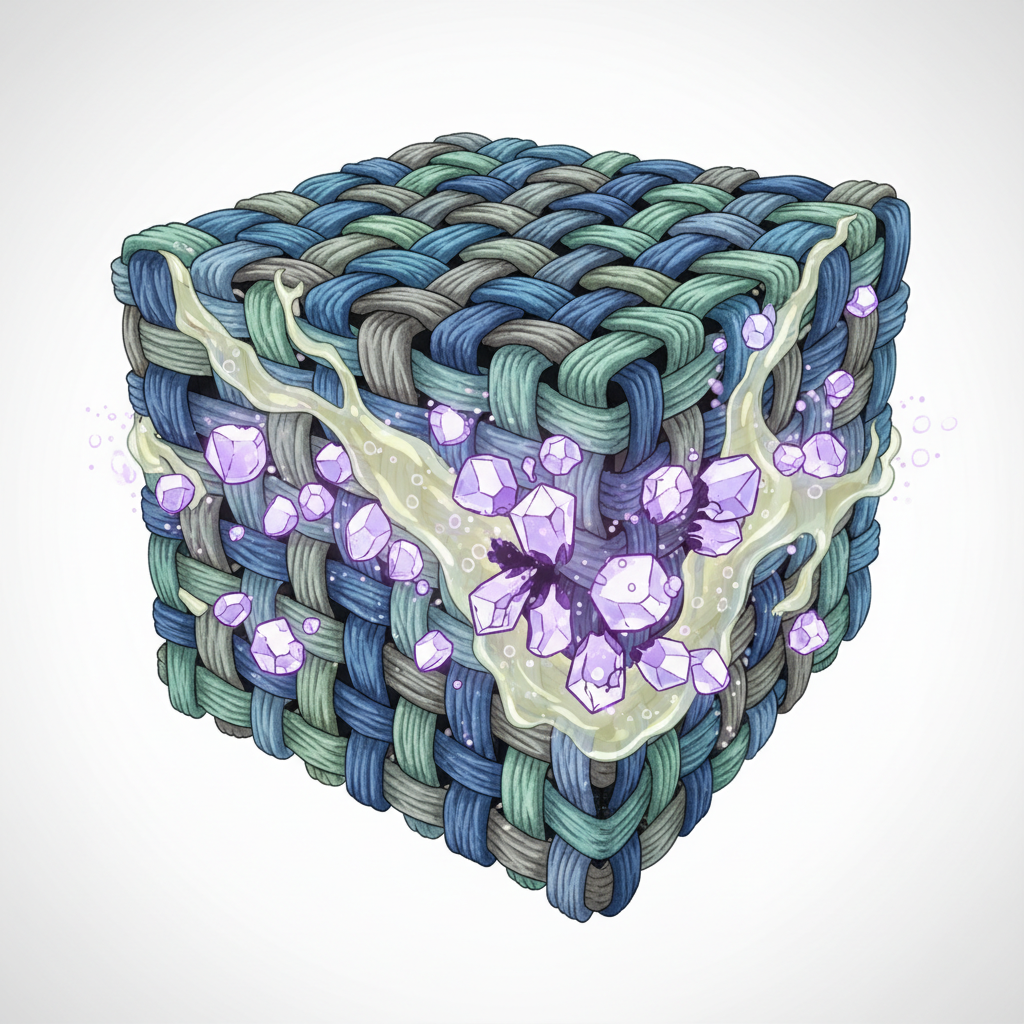 A detailed, infographic-style illustration depicting a microscopic cross-section of upholstery fabric fibers. Deep within the interwoven fibers, small, crystalline structures (representing uric acid) are embedded. A swirling, transparent liquid (symbolizing a cleaning solution like vinegar) is shown penetrating the fibers, surrounding and beginning to dissolve or neutralize the crystals. The illustration uses a clean color palette with distinct elements to show the interaction at a molecular level, emphasizing the deep-seated problem and the effective solution.