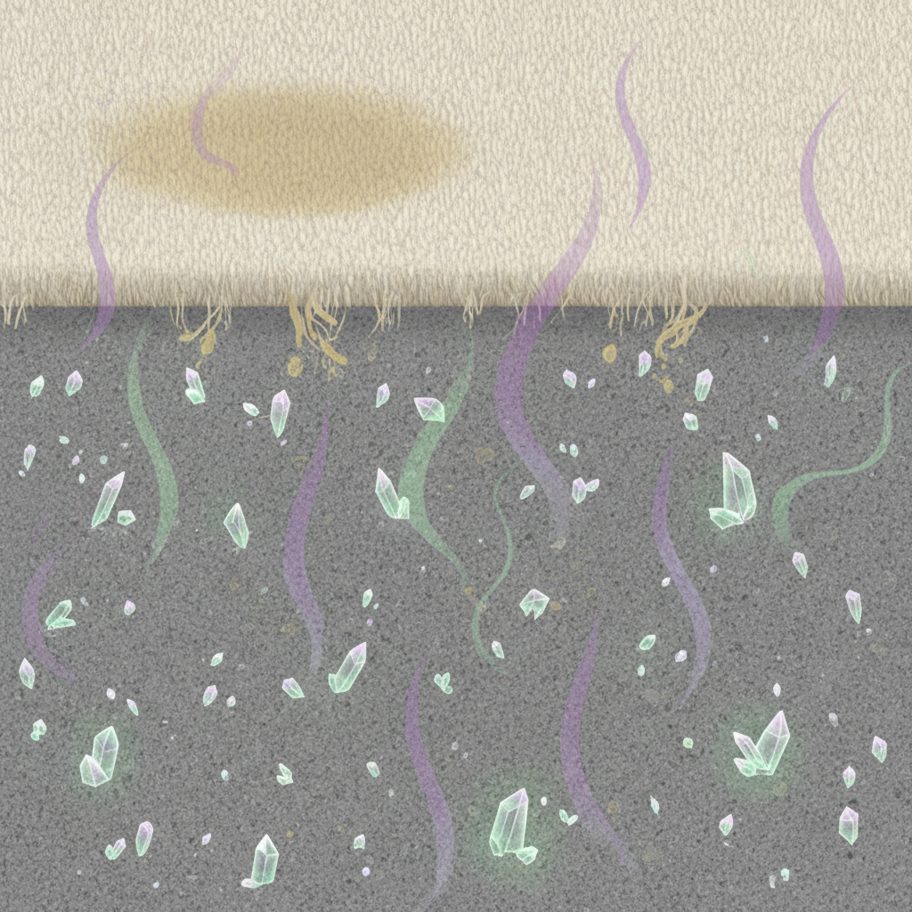 A detailed scientific illustration depicting a cross-section of a carpeted floor. On the surface, a faint, discolored stain is visible. Beneath the surface, embedded deep within the carpet fibers and padding, numerous tiny, crystalline structures glow with a subtle green or purple hue, symbolizing stubborn uric acid crystals. From these crystals, faint, wavy lines of unpleasant odor subtly emanate upwards. The surrounding carpet fibers appear slightly damaged or discolored at a microscopic level, illustrating the lasting impact of dog urine. A clean, analytical infographic style.
