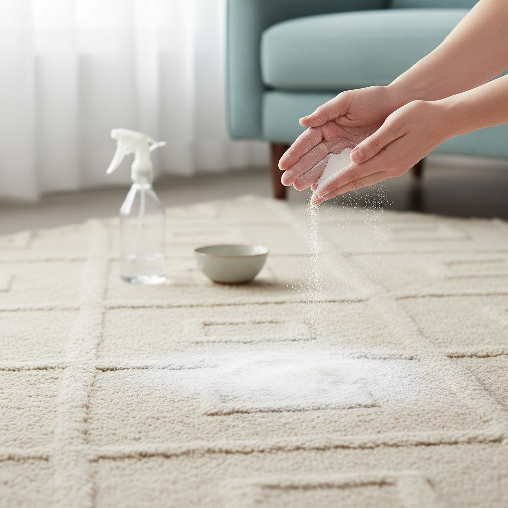 A vibrant, professional close-up photo of a clean, light-colored rug in a bright, modern home setting. A person's hands, entering the frame from the top-right, are gently sprinkling a fine, white powder (representing baking soda) over a specific spot on the rug, which now appears visibly fresh and clean. In the softly blurred background, a generic spray bottle and a bowl of clear liquid (symbolizing vinegar) are subtly visible, hinting at a complete, effective cleaning process. The overall impression is one of freshness, cleanliness, and successful home remedy application.
