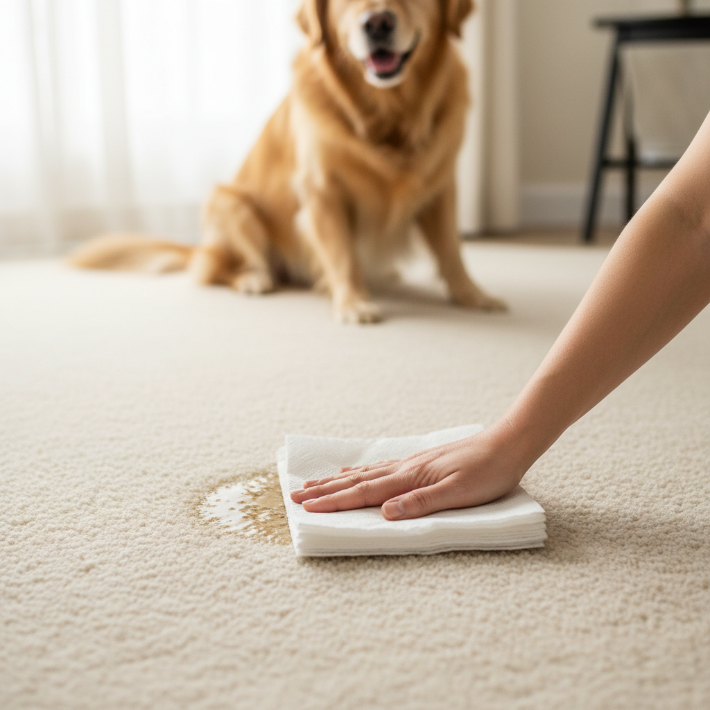 A professional, well-lit photo capturing a common household scene. On a light beige or off-white carpet, there's a small, slightly wet patch, subtly indicating a fresh dog urine stain. A person's hand, holding a stack of clean, white paper towels, is gently pressing them onto the wet area, demonstrating the dabbing technique. In the background, a cute, medium-sized dog, perhaps a golden retriever or a beagle, is sitting calmly, observing the cleaning process. The overall mood is helpful and shows immediate action.