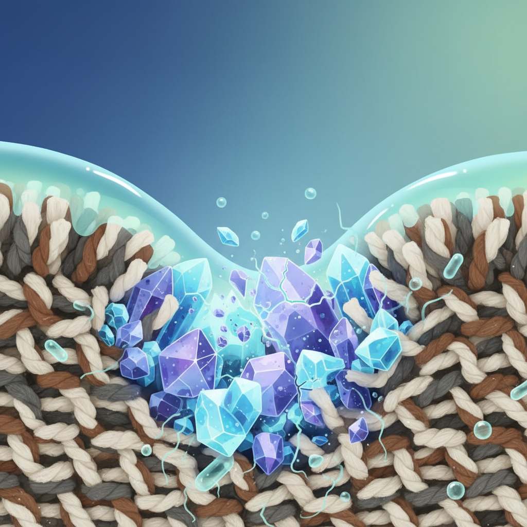 A vibrant, stylized infographic illustration depicting a microscopic view of carpet fibers. The fibers are intricately woven, and nestled among them are abstract, crystalline shapes representing uric acid, along with small, almost invisible bacteria-like forms. A light blue or green liquid, symbolizing a cleaning solution (like vinegar), is shown actively penetrating the fibers. The crystals are visually dissolving or breaking apart as the liquid interacts with them, illustrating the neutralization process. The style should be clean, modern, and scientifically illustrative.