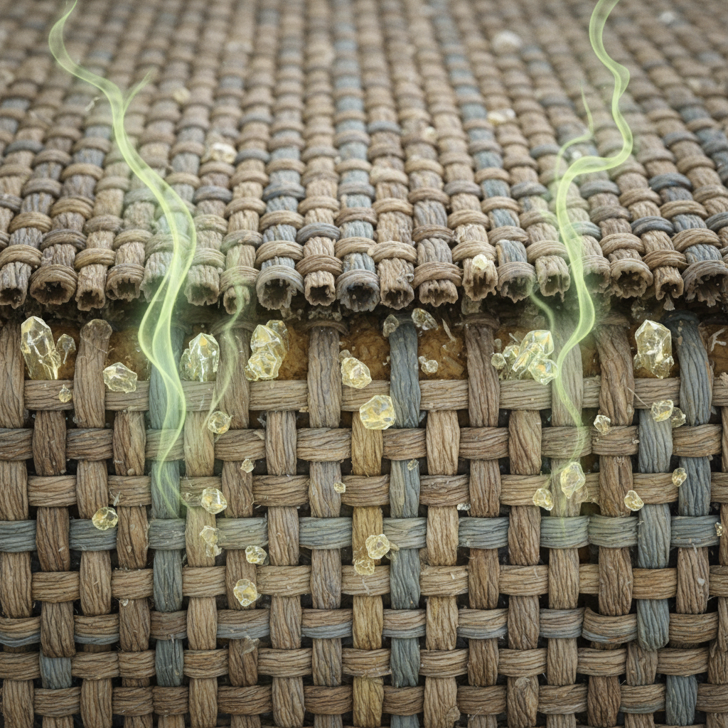 A detailed, macro-level cross-section of a sofa cushion's upholstery fibers. Deep within the fabric, visible crystalline structures representing uric acid are embedded, some shimmering faintly with a subtle, unpleasant wavy aura or gas-like emission rising from them, symbolizing the persistent odor. The surrounding fabric shows a slight, subtle discoloration of a stain. The illustration should convey the scientific reason for the smell's stubbornness. Style: Microscopic, scientific illustration with a slightly abstract representation of smell, realistic fabric texture.