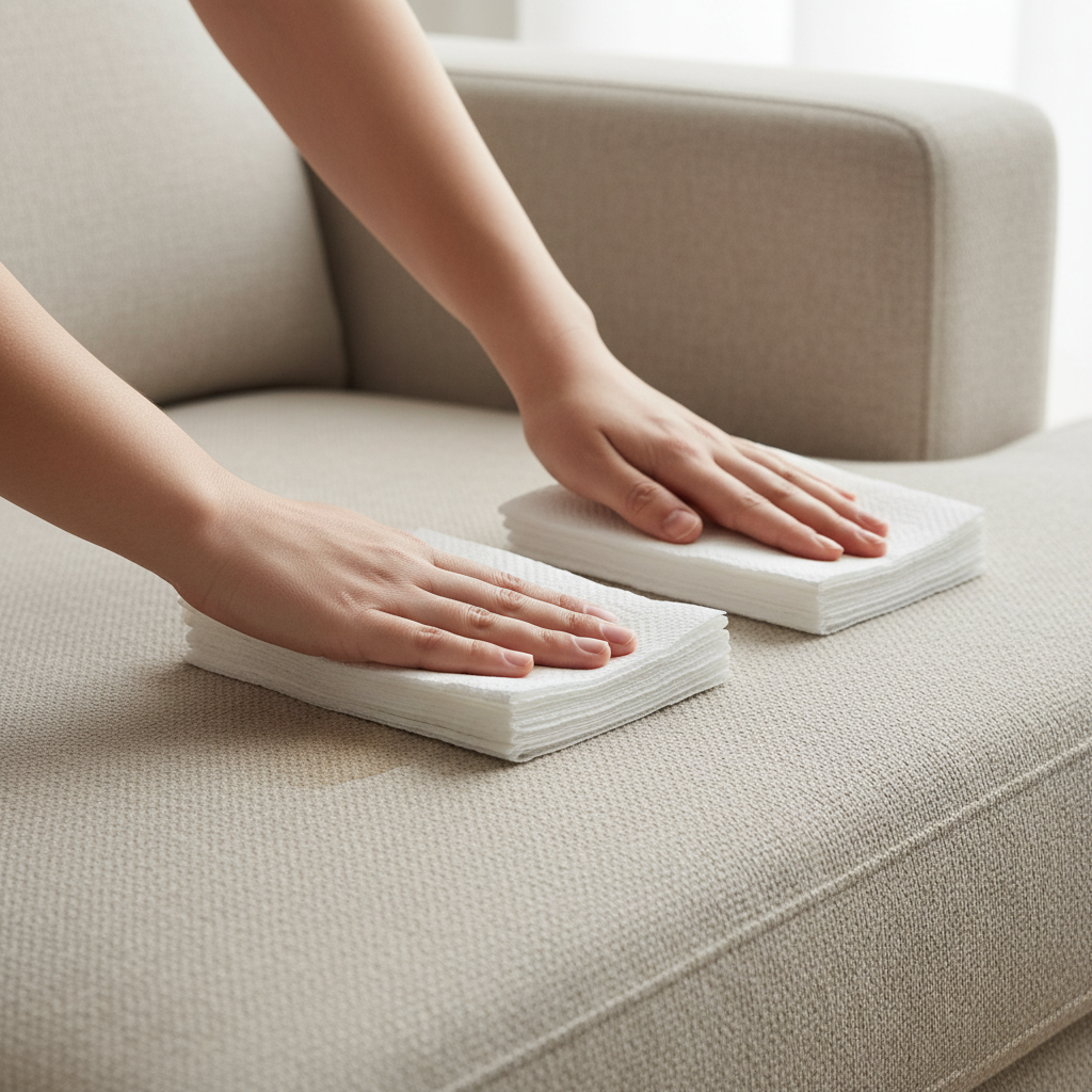A clean, well-lit professional photograph of hands demonstrating the immediate action of soaking up a liquid spill from a sofa. A pair of neutral hands are gently but firmly pressing a stack of white, absorbent paper towels onto a small, visibly damp spot on a light-colored fabric sofa. The action clearly illustrates 'patting' rather than 'rubbing', with the paper towels visibly absorbing moisture. The sofa looks comfortable and domestic, focusing on the practical, immediate solution. Style: Bright, clean, professional photo, domestic setting.