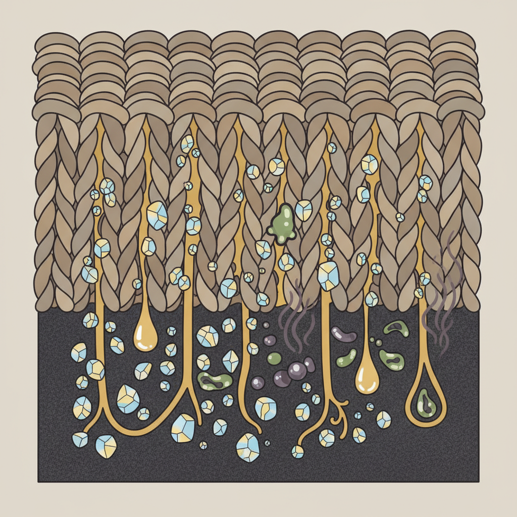 A detailed scientific illustration depicting a cross-section of a fabric, like carpet fibers or upholstery. Stylized dog urine droplets are shown seeping deep into the material's intricate structure. Within the fibers, some urine components are transforming into tiny, jagged, semi-translucent crystals, appearing embedded and stubborn. Near these, small, abstract bacterial forms are reacting with other urine components, emitting faint, unpleasant vapor lines. The overall impression highlights the deep penetration and chemical complexity making the odor persistent, using a clean, educational infographic style with a subdued color palette emphasizing the hidden problem.