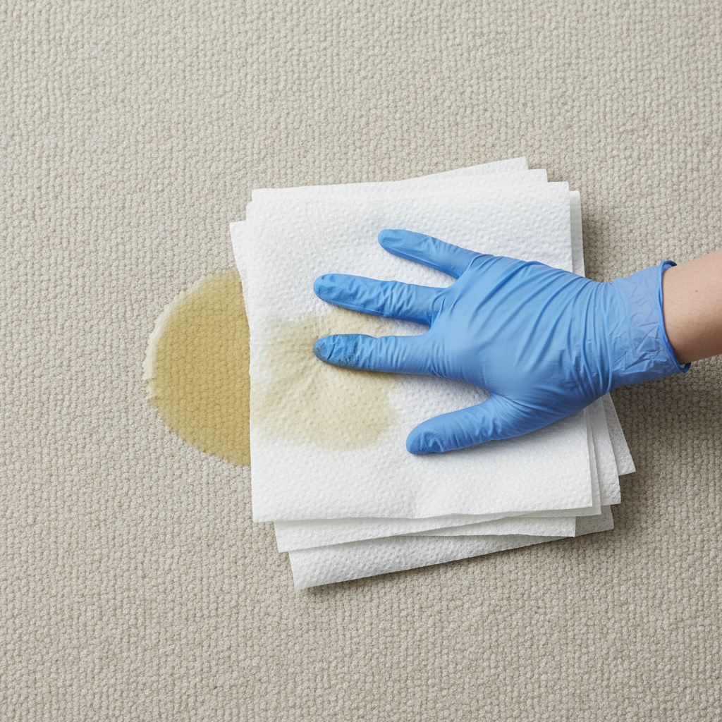A clean, dynamic top-down shot showing the immediate action of cleaning a dog urine stain. A stack of thick, white absorbent paper towels is pressed firmly onto a fresh, slightly glistening urine puddle on a textured, light-colored surface such as a carpet or a wooden floor. The paper towels are visibly drawing up the liquid, indicated by a darker, damp patch forming on them. A human hand, possibly gloved, applies gentle pressure to the towels. The scene emphasizes quick, effective absorption without rubbing, conveyed through a realistic, slightly desaturated professional photo style.