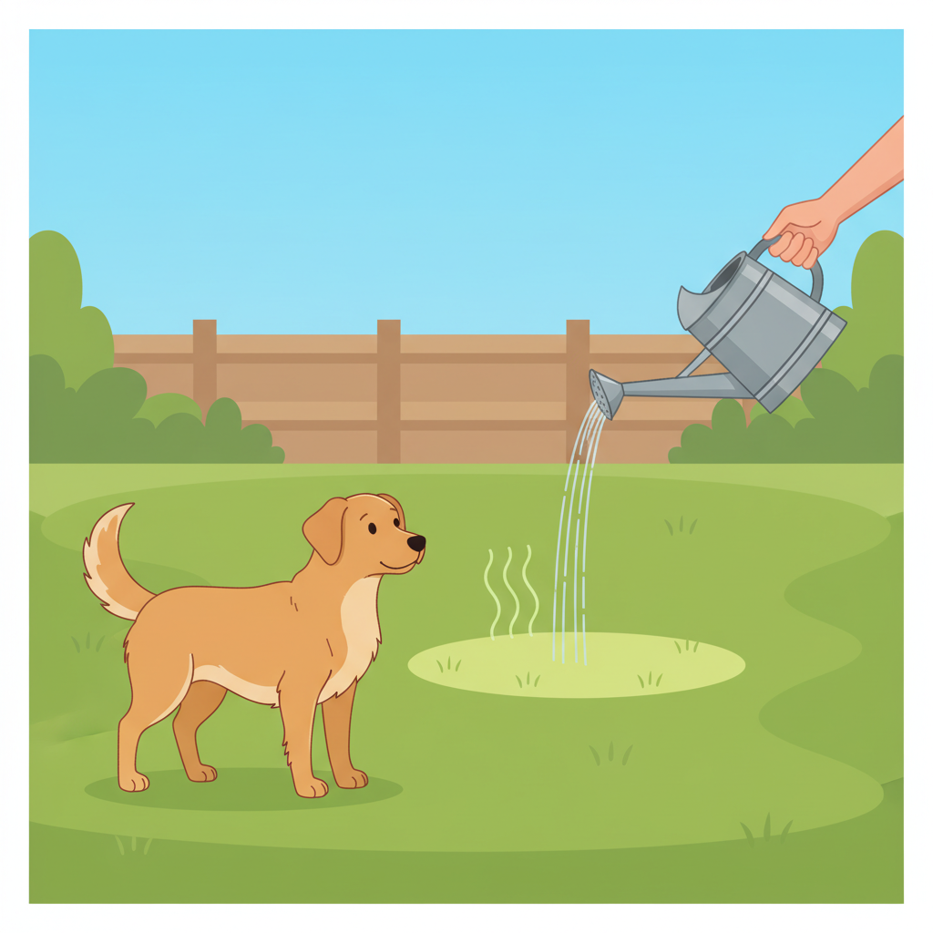 A friendly, medium-sized dog stands on a vibrant green lawn, looking toward a small, subtly discolored patch of grass. A human hand, seen from a slightly elevated angle, is actively pouring a stream of clear water from a watering can onto this discolored area. Subtle, wavy, translucent lines ascend from the wet grass, visually representing the unpleasant odor dissipating. The overall impression is one of immediate, effective action against a common garden problem. Flat illustration style with a clean, professional finish and a natural color palette.