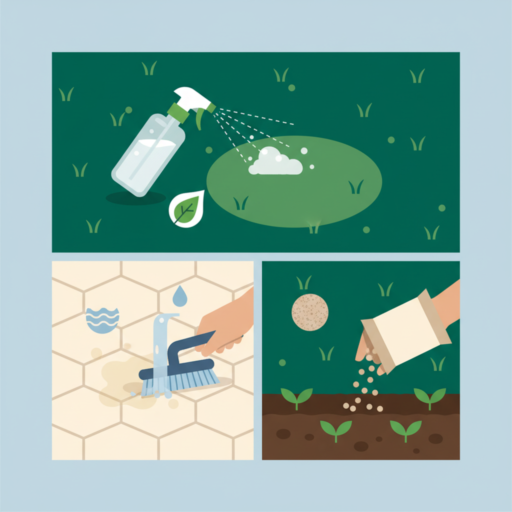 A bright, informative infographic-style illustration presenting different approaches to tackle dog urine odor across various garden surfaces. The image is divided into distinct, clean panels. One panel features a lush green lawn, with a transparent spray bottle indicating application of a liquid neutralizer. Another panel shows a section of light-colored patio stones, with a scrubbing brush and water effectively cleaning a visible, but fading, stain. A third, smaller panel could depict a scattering of granular material onto soil. The style is modern, with clear lines and a fresh, natural color scheme, emphasizing solutions.