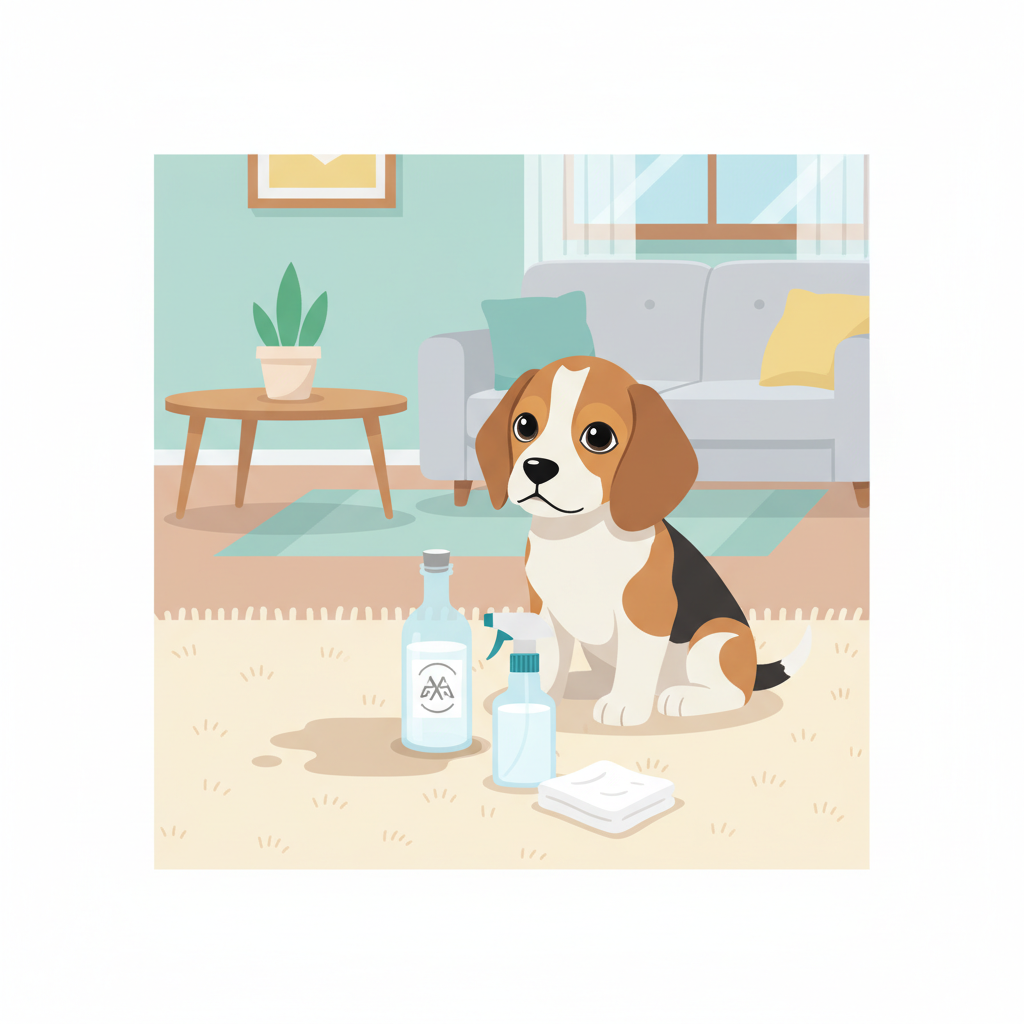 A cozy living room scene with a light-colored, slightly textured carpet. A small, innocent-looking dog (e.g., a Beagle or Labrador puppy) sits calmly near a subtle, slightly darker, damp-looking stain on the carpet. Adjacent to the stain, a clear glass bottle of white household vinegar and a generic spray bottle filled with a clear liquid are neatly arranged, accompanied by a clean, folded white cloth or sponge. The overall impression should be clean and inviting, with the stain as the central, solvable problem. Style: Modern flat illustration, with soft pastel colors and clean lines, a friendly and approachable aesthetic.