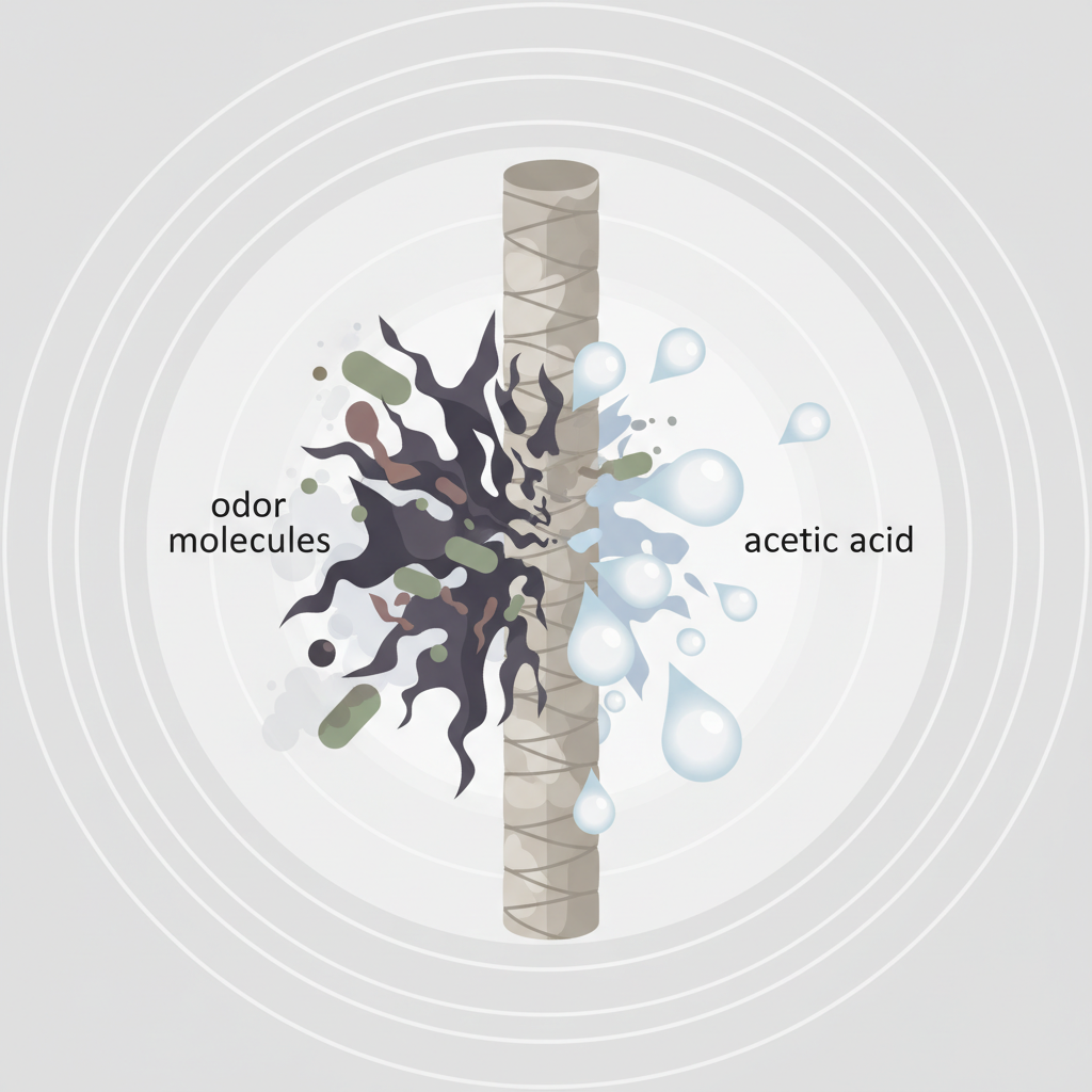 A highly stylized, close-up cross-section of a carpet fiber. On one side of the fiber, abstract, jagged, dark-colored shapes representing 'odor molecules' and simplified, minuscule bacterial forms are depicted clinging to the fibers. On the opposite side, smooth, bright, droplet-like shapes, symbolizing 'acetic acid' molecules, are shown actively interacting with and dissolving/neutralizing the jagged odor shapes and bacteria. The visual should convey a clear transformation from problematic elements to a state of cleanliness. Style: Detailed scientific-inspired vector illustration, using contrasting colors to differentiate between the problematic and cleaning elements, with a clean and clear visual language.