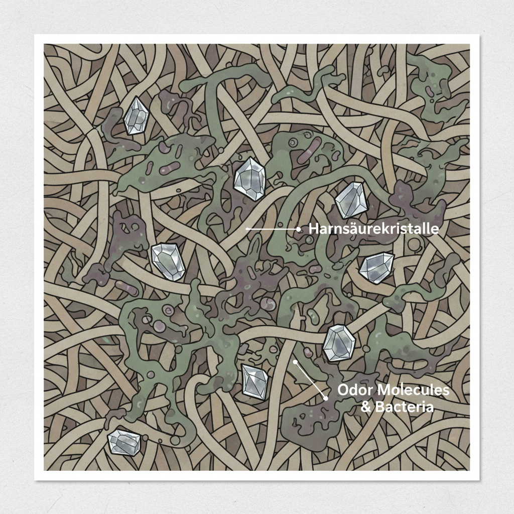 A detailed, stylized scientific illustration depicting a cross-section of carpet fibers. Within the intricate weave of the fibers, tiny, crystalline structures representing Harnsäurekristalle (uric acid crystals) are visibly embedded. Surrounding these crystals are abstract, swirling representations of odor molecules and microscopic bacteria, depicted with subtle, unappealing color hues like dull greens or purples, signifying the persistent unpleasant smell. The illustration should have a clear, educational infographic style, visually explaining the hidden culprits behind stubborn pet odors in carpets.