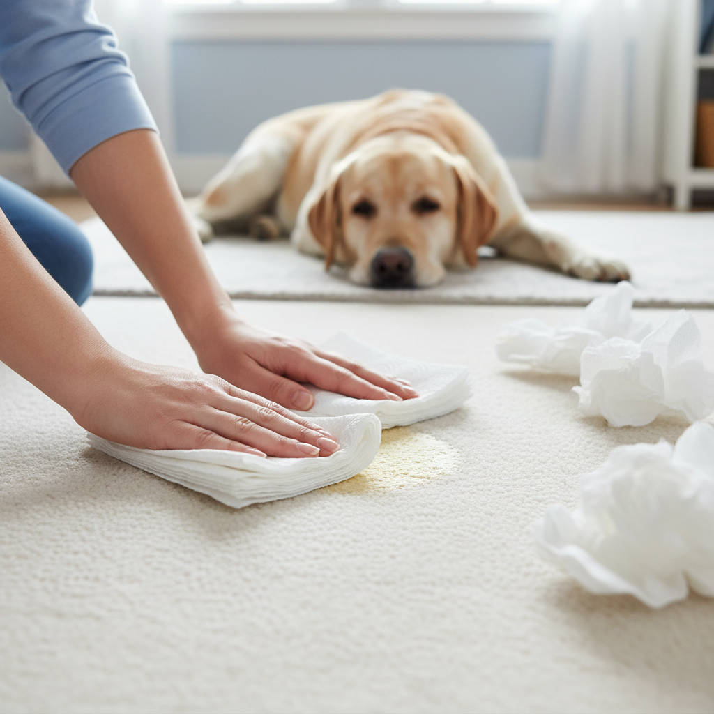 A bright, professional photo from a slightly elevated perspective, showcasing a domestic setting with a clean, light-colored carpet. A pair of human hands, depicted as gentle and efficient, are actively pressing and blotting a fresh, slightly damp dog urine spot using several layers of clean, white absorbent paper towels. A small, blurry figure of a calm dog (e.g., a Labrador or Golden Retriever) is visible in the soft-focus background, implying the source of the stain. The overall scene should convey swift, careful action and a practical approach to an immediate problem.