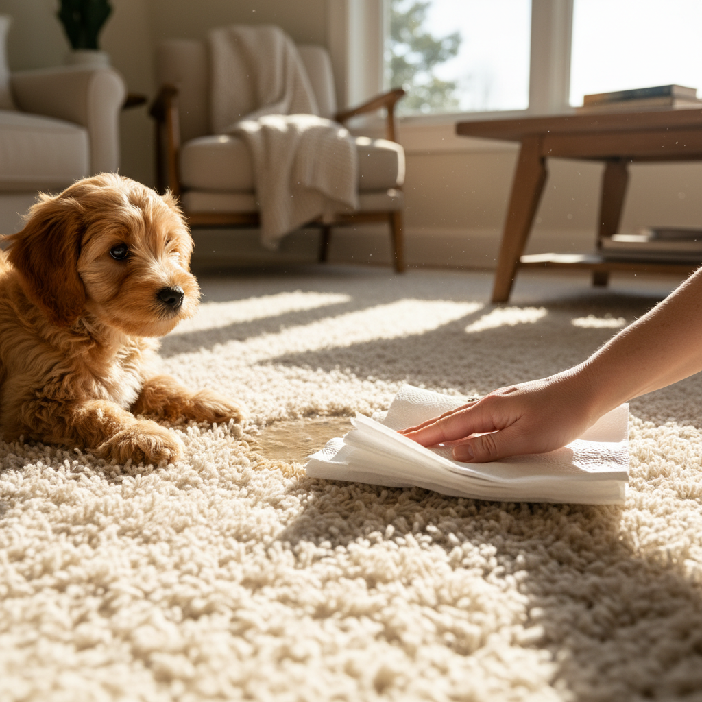 A vibrant, cozy living room scene with a cream-colored, plush carpet. A small, innocent-looking dog sits slightly to the side, casting a subtle glance at a fresh, slightly damp spot on the carpet. A human hand, gently but firmly, presses a stack of white, absorbent paper towels onto the wet area, indicating immediate action to soak up liquid. Sunlight streams softly through a nearby window, highlighting the texture of the carpet and the urgency of the cleaning process. The overall mood is one of quick resolution and practicality. Professional photo style with natural lighting.