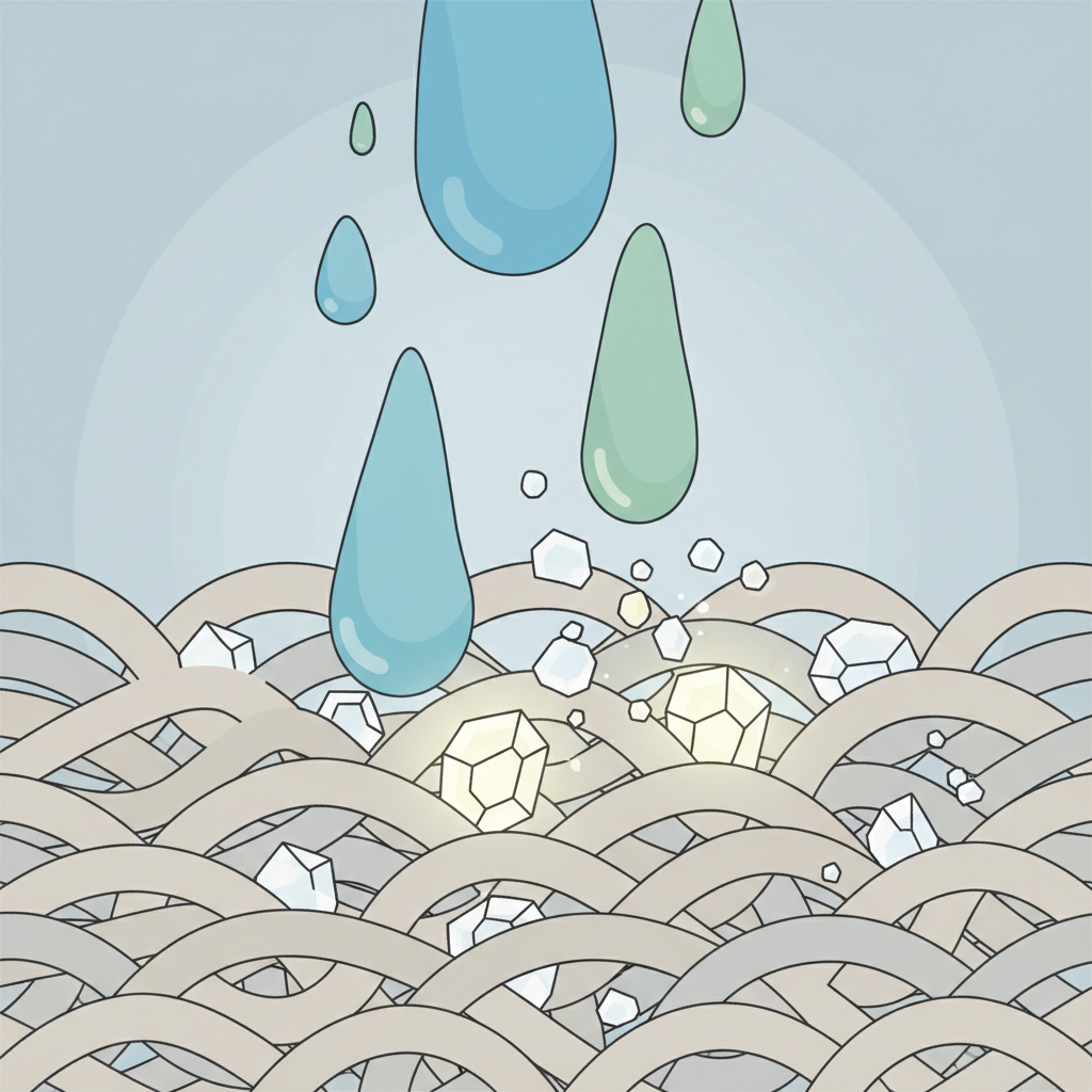 A detailed infographic-style illustration depicting a magnified, cutaway view of carpet fibers. Within the intricate loops and strands of the carpet, tiny, crystalline structures representing uric acid are embedded, some glowing faintly yellow to indicate their problematic nature. From above, abstract, organic shapes symbolizing enzymatic cleaner droplets descend and interact with these crystals, visually breaking them down into smaller, neutralized particles. The background is a clean, bright white or soft pastel. The overall aesthetic is scientific yet approachable, clearly illustrating the mechanism of enzymatic cleaning. Flat illustration style with clean lines and a modern feel.
