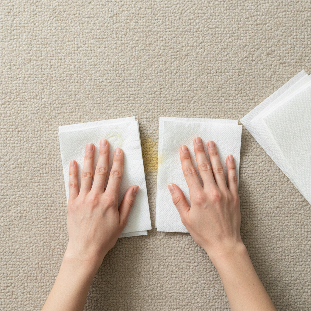 A professional, bright, and clean flat lay photo showing the immediate treatment of a fresh dog urine stain on a light-colored carpet. A person's hands are gently pressing layers of white paper towels onto a small, slightly wet, discolored patch on the carpet. The focus is on the blotting action, with multiple clean paper towels ready nearby. The overall scene conveys urgency, cleanliness, and effectiveness. The carpet texture should be clearly visible, and the light should be natural and inviting.