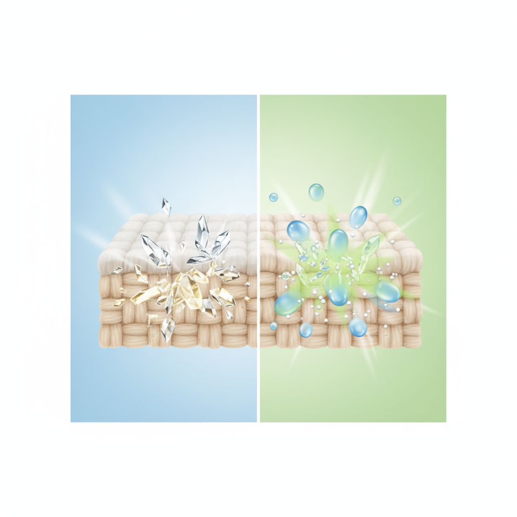 A clean and modern infographic-style illustration depicting the process of neutralizing unpleasant odors from carpet fibers. On the left side, a magnified, semi-transparent view of carpet fibers shows tiny, sharp, crystallized structures (representing uric acid) embedded within them, implying a persistent problem. On the right side, the same carpet fibers are shown, but now with abstract representations of liquid droplets (like vinegar solution) and small granular particles (like baking soda) actively dissolving and encapsulating these crystalline structures, leaving the fibers looking visibly fresh and clean. The illustration uses a bright, analytical color palette.