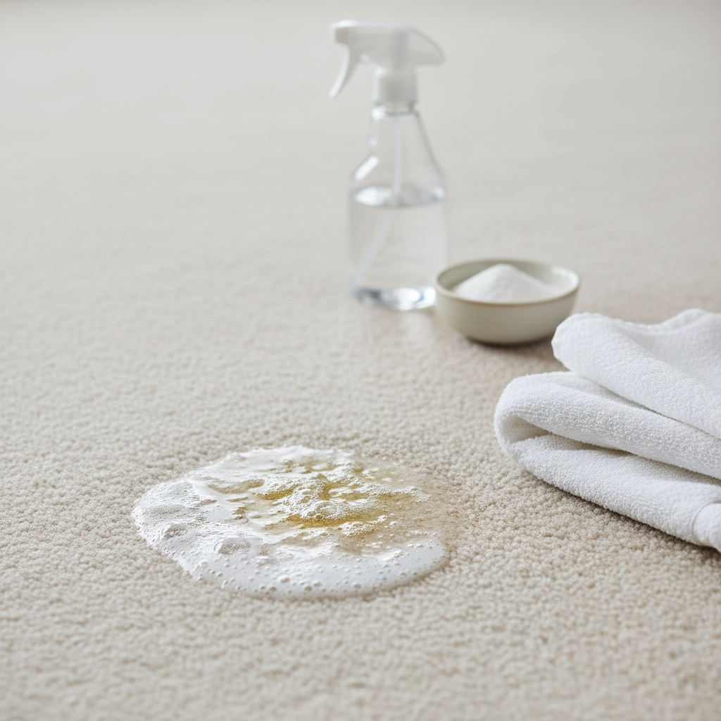 A vibrant, professional close-up photo showcasing the active cleaning process of a dog urine stain on a light beige carpet. A freshly sprayed, slightly foamy area where a clear liquid (vinegar solution) has been applied is visible. A clean, white microfibre cloth or paper towel is positioned nearby, ready to blot the area. In the background, a transparent spray bottle containing a clear liquid (visually representing the cleaning solution) and perhaps a small bowl of white powder (like baking soda) are subtly blurred. The scene should convey effectiveness, practicality, and a step-by-step approach to stain removal.