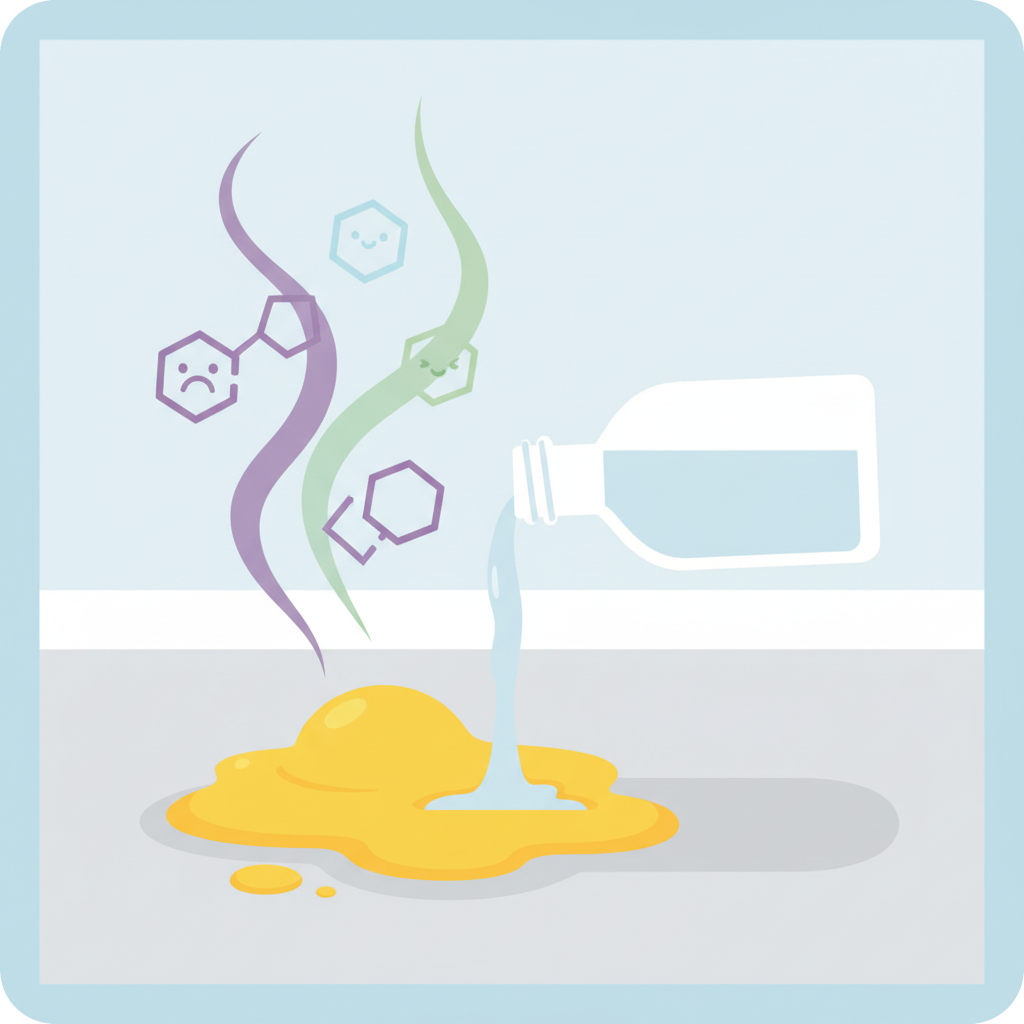 A stylized, clean flat illustration depicting the transformative effect of vinegar on dog urine odor. On the left side, a cartoon-like graphic of a yellow puddle (representing dog urine) emitting wavy purple 'odor' lines or simplified, abstract ammonia molecule shapes with negative expressions. On the right side, a friendly, abstract representation of a clear liquid being poured from a generic white bottle (representing vinegar). As the 'vinegar' interacts with the 'urine,' the purple odor lines are visibly dissolving or transforming into neutral, fresh-looking green or blue wavy lines, suggesting neutralization and cleanliness. The background is simple, suggesting a clean indoor environment.