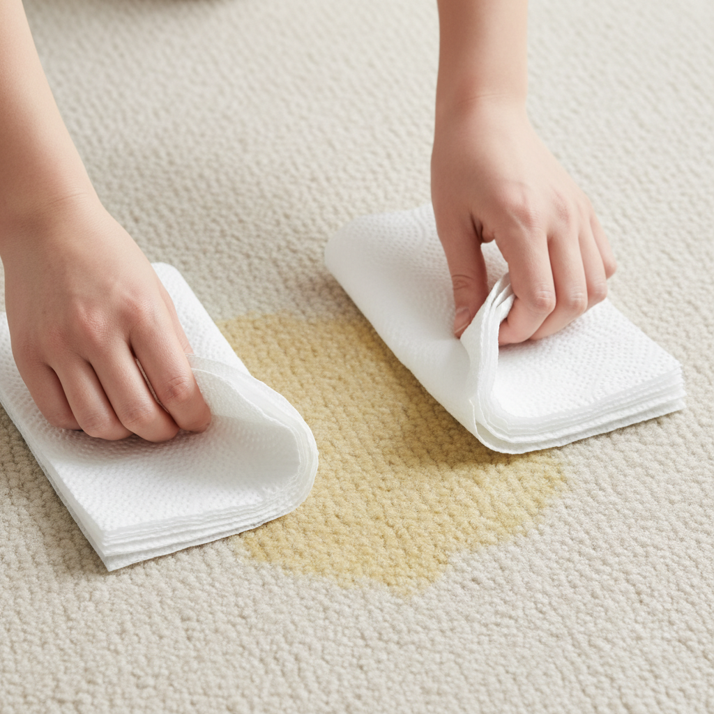 A close-up, professional photo of a fresh, slightly damp dog urine stain on a light-colored carpet. A pair of hands, seen from a slightly elevated perspective and intentionally out of focus to emphasize the action, is pressing down firmly with several layers of clean, white paper towels or an absorbent cloth to blot the moisture. The focus is on the absorption process, with the paper towels visibly soaking up liquid without any rubbing motion. The lighting is bright and clean, conveying urgency and a proactive solution.