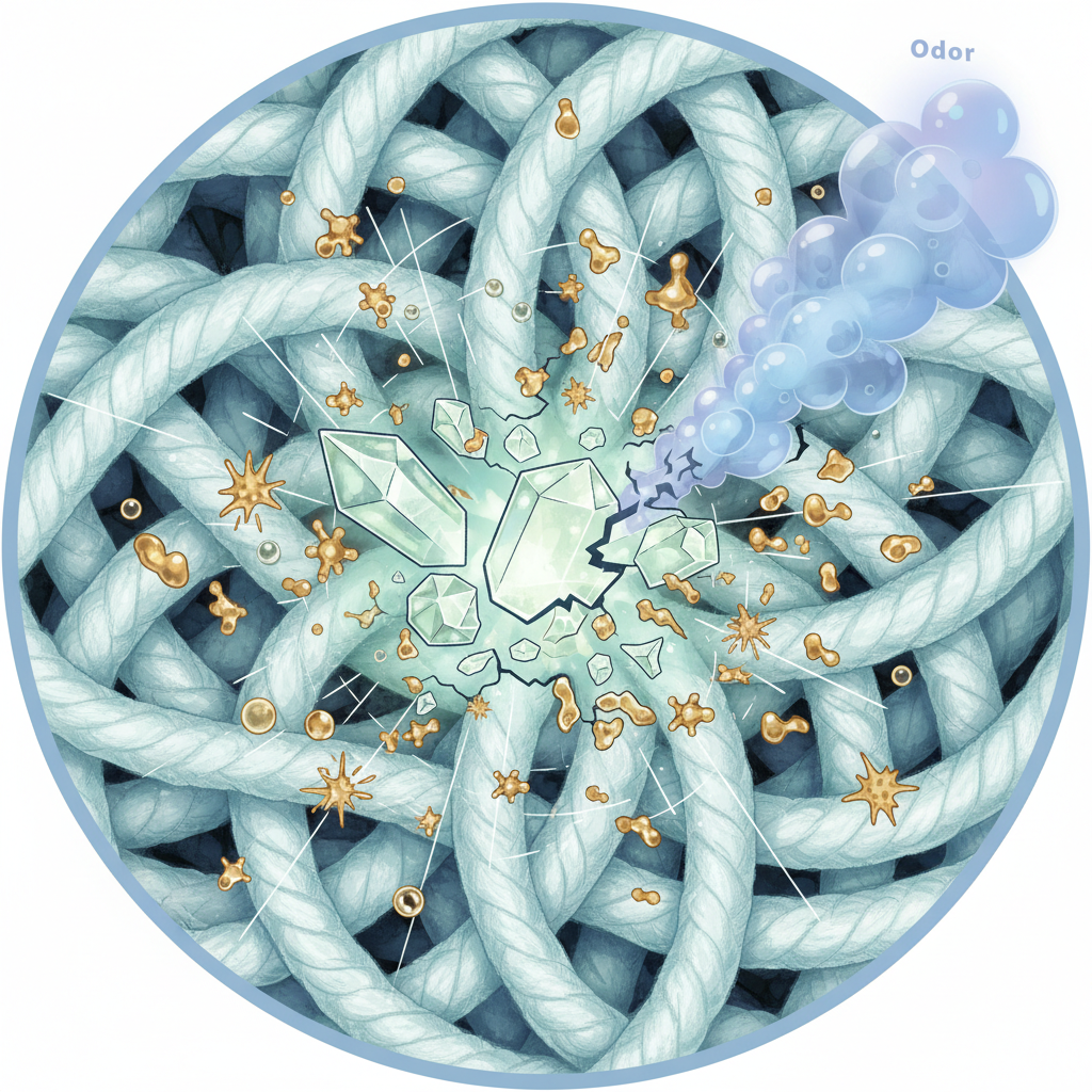 An abstract, detailed illustration in an infographic style depicting the microscopic world within carpet fibers. Show several enlarged, interwoven carpet strands, resembling a soft labyrinth. Embedded deep within these fibers are visible, intricate crystalline structures, representing uric acid crystals, some appearing stubborn and angular. Hovering around these crystals, dynamic, small enzymatic molecules (portrayed as stylized, organic shapes or small, active units) are actively breaking down and dissolving the crystal structures. A subtle, swirling cloud of 'odor' is shown dissipating as the enzymes perform their action, indicating neutralization. Use a bright, clean color palette for clarity and scientific aesthetic.