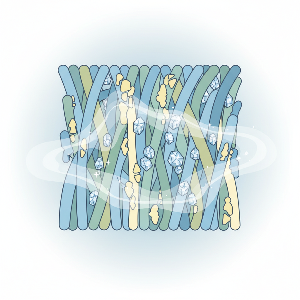 A highly detailed, cross-sectional scientific illustration of carpet fibers. Focus on showing the microscopic structure of the fibers, with various abstract shapes representing different chemical components like urea and ammonia. Prominently feature tiny, sparkling, crystalline structures embedded within the fibers, visually representing water-insoluble uric acid crystals. Subtle, wavy lines or a gentle mist emanate from these crystals, symbolizing the persistent, reactivated odor. The background is clean and slightly blurred to emphasize the microscopic detail. Style: Clean, modern scientific diagram with a soft, educational color palette.