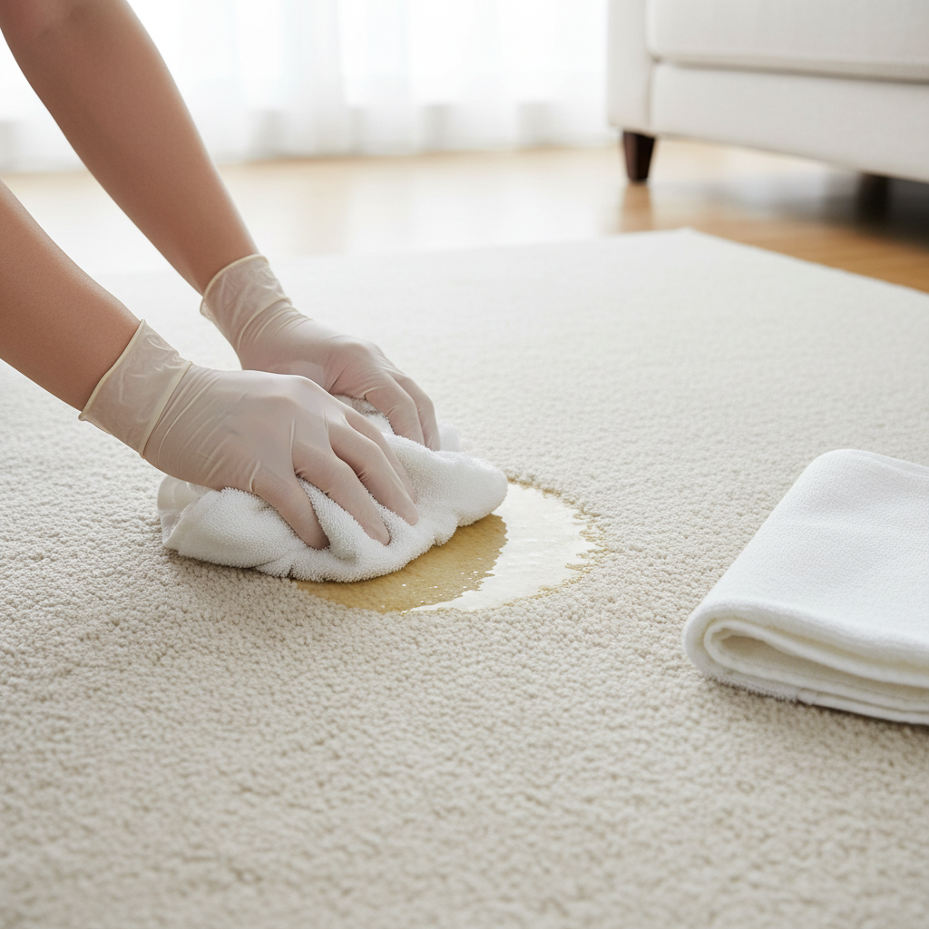 A professional, top-down photograph depicting the immediate action of cleaning a fresh dog urine spot on a light-colored, short-pile carpet. A pair of hands firmly presses a clean, white, absorbent towel onto a small, slightly damp patch on the carpet. Another clean towel is subtly placed nearby, suggesting replacement. The focus is sharp on the hands and the carpet, with a soft, inviting depth of field. The lighting is bright and natural, conveying a sense of cleanliness, urgency, and effectiveness. Style: Bright, clean, professional photo, demonstrating a practical, actionable cleaning step.